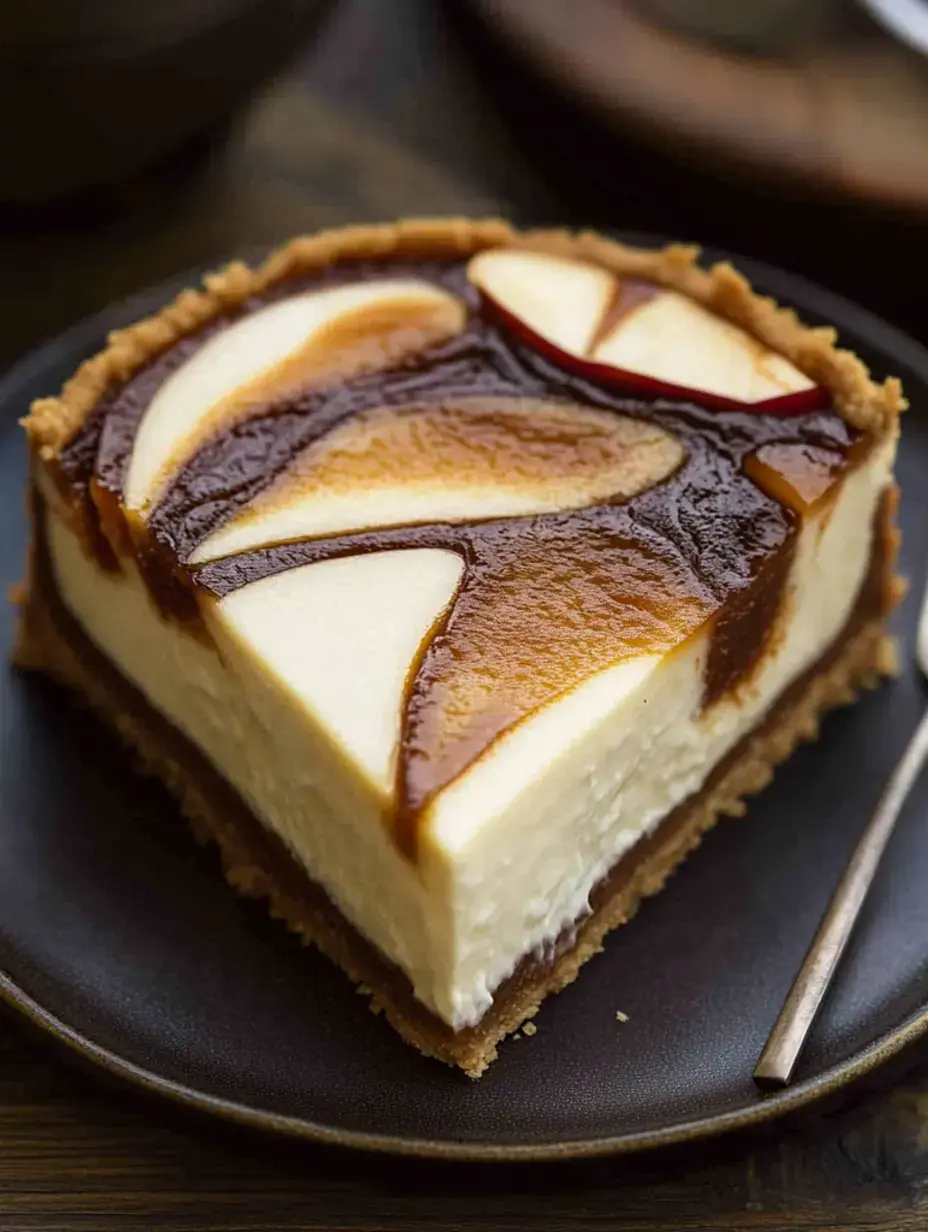 Ein Stück Käsekuchen mit glänzender Karamellschicht und Apfelscheiben als Deko auf einem dunklen Teller.