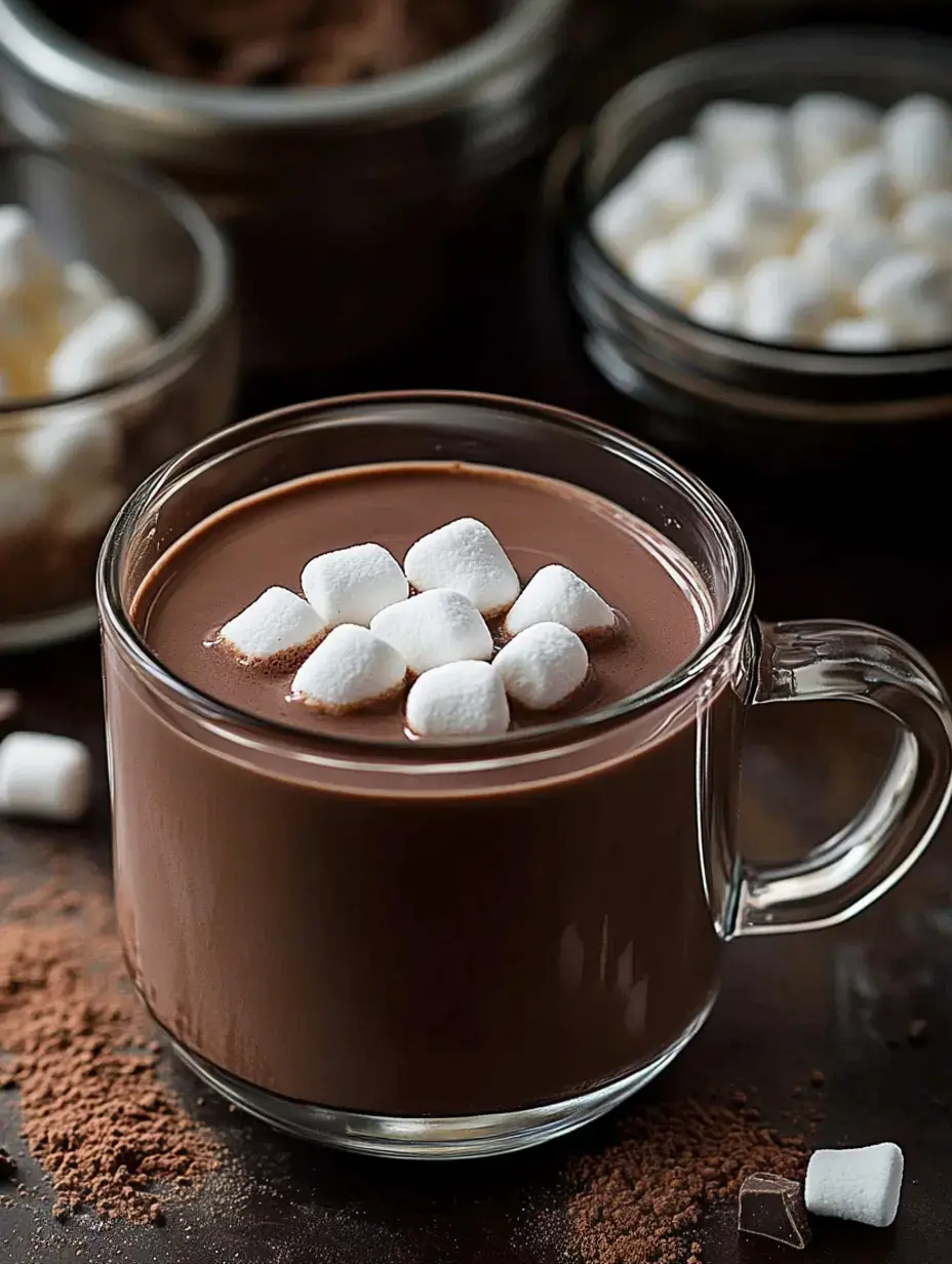 Ein Glasbecher voll heißem Kakao mit Marshmallows obendrauf, daneben Kakaopulver und Gläser mit Marshmallows.