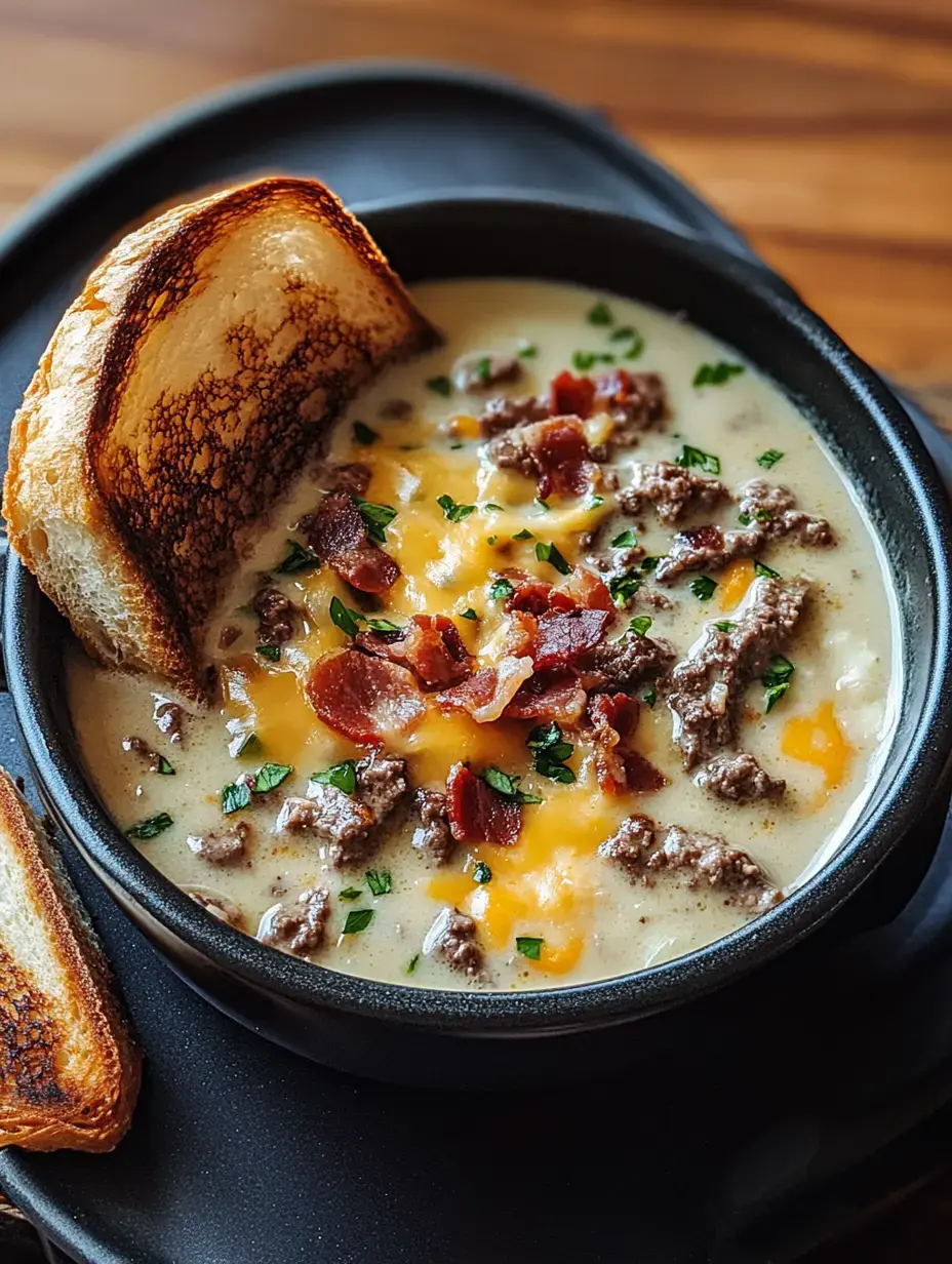 Eine Schüssel cremige Suppe mit Rinderhack, krossem Speck und Cheddar, daneben ein getoastetes Brot.