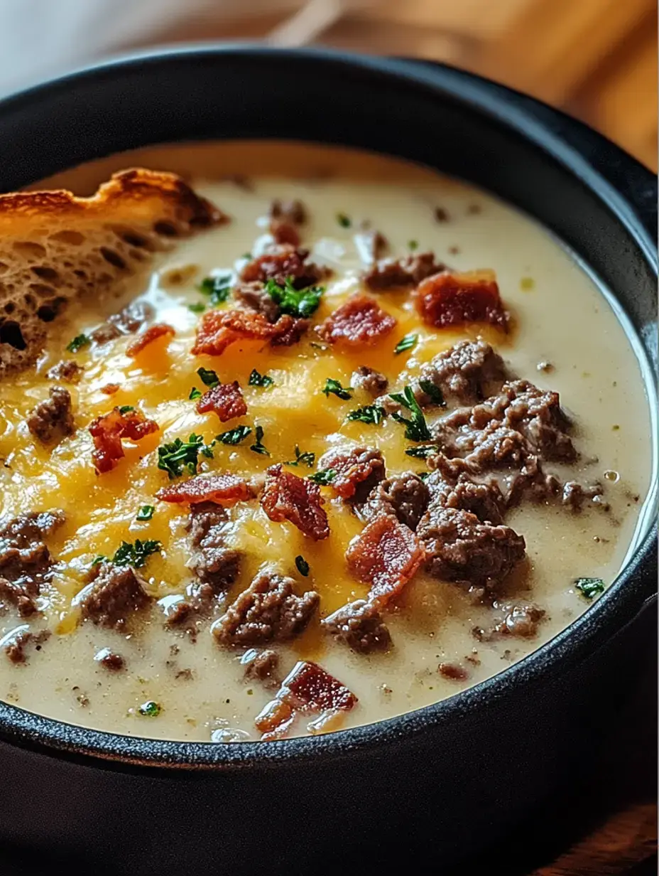 Cremige Suppe mit gehacktem Rind, Speckstückchen, Cheddar und Petersilie, dazu ein geröstetes Brot.