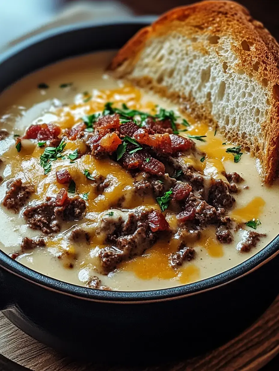 Eine Schüssel cremige Suppe mit gebratenem Rinderhack, Käse, Speckstücken und Kräutern, dazu getoastetes Brot.
