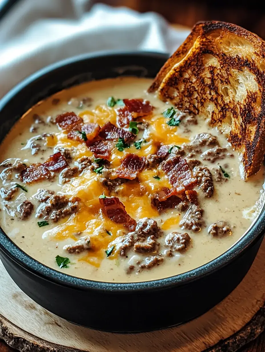 Cremige Suppe mit Rinderhack, knusprigem Speck, geriebenem Käse und Petersilie garniert, plus Toastbrot.