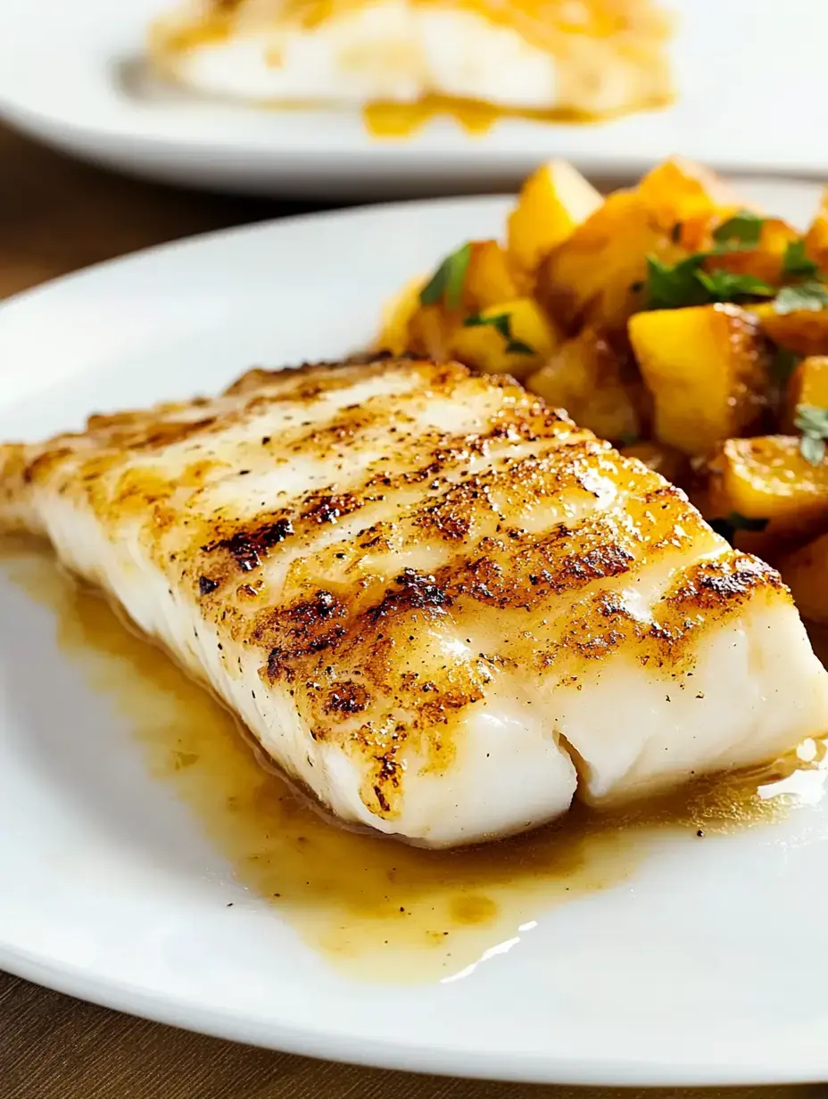 Ein gebratenes Fischfilet mit buntem gebratenem Gemüse auf weißem Teller.