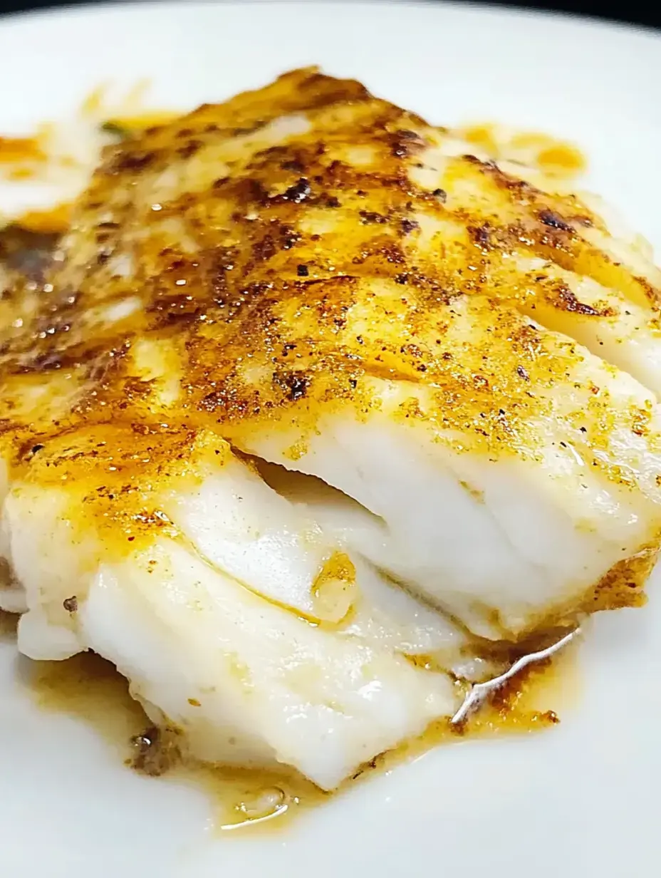 Großaufnahme von gebratenem Fisch, gewürzt und mit leichter Sauce auf weißem Teller.