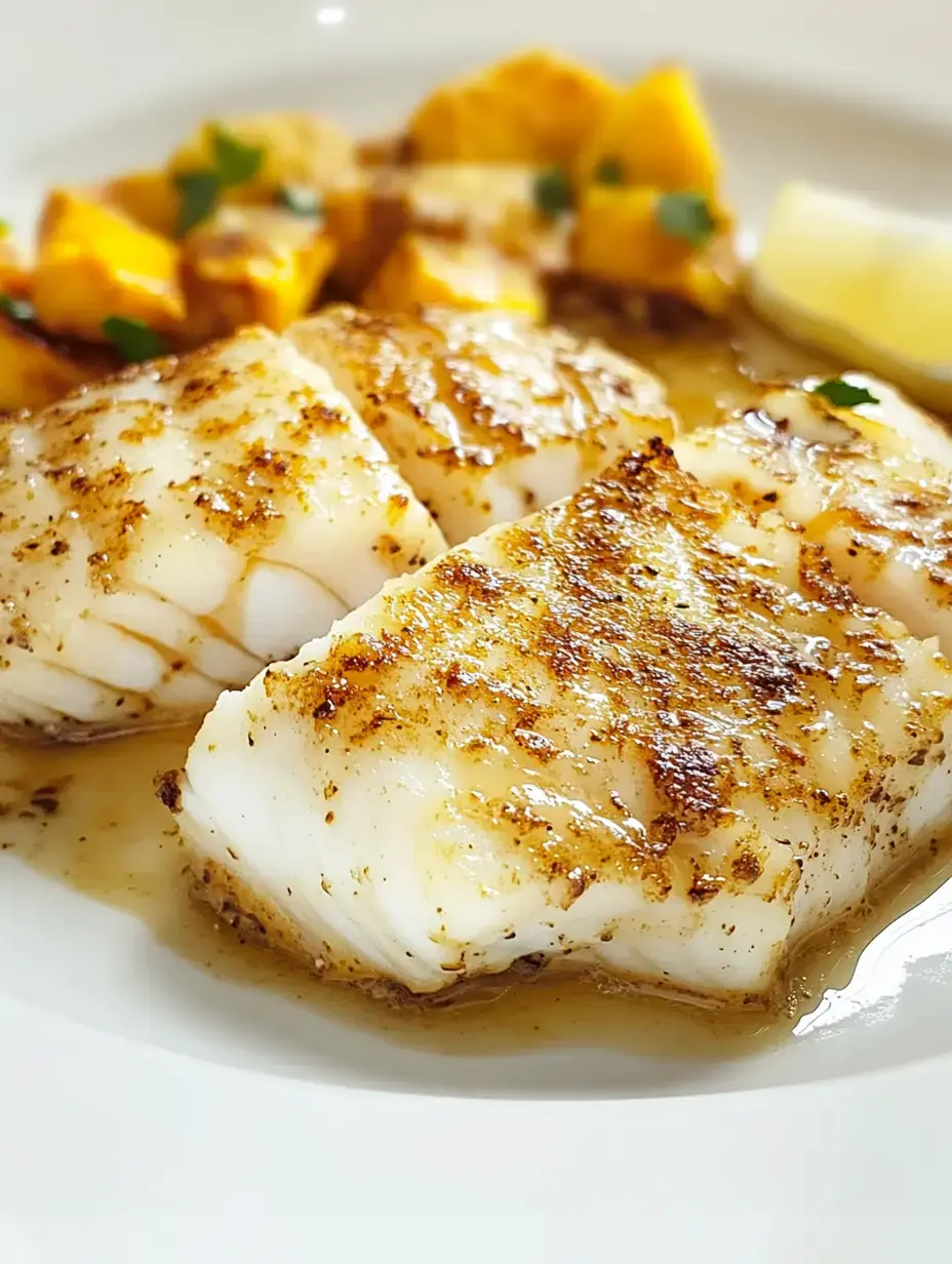 Gebratene Fischfilets, serviert mit Ofensüßkartoffeln und Zitronenspalte.