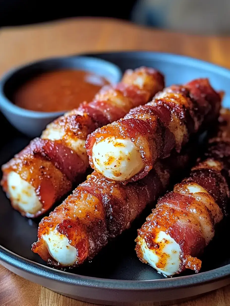 Drei Bacon-Käse-Stäbchen auf einem schwarzen Teller mit einer kleinen Schale Dip daneben.