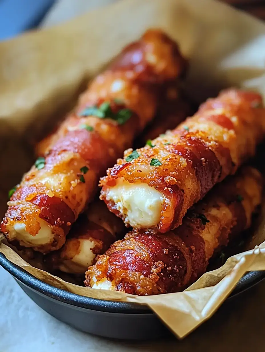 Knusprige Bacon-Käse-Sticks, mit Petersilie garniert, liegen in einer Schale auf Backpapier.