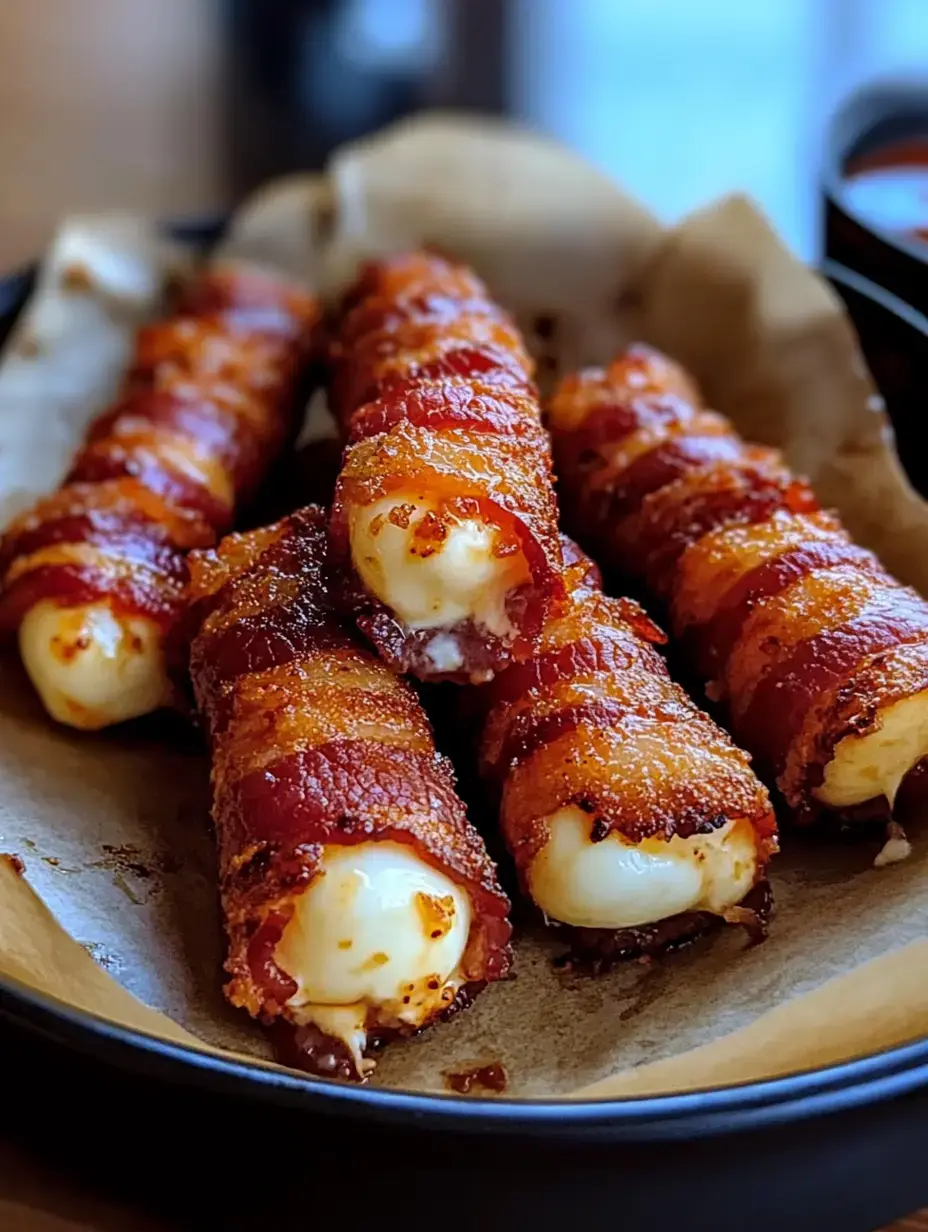 Bacon-Käse-Sticks auf einem Teller mit Backpapier arrangiert.