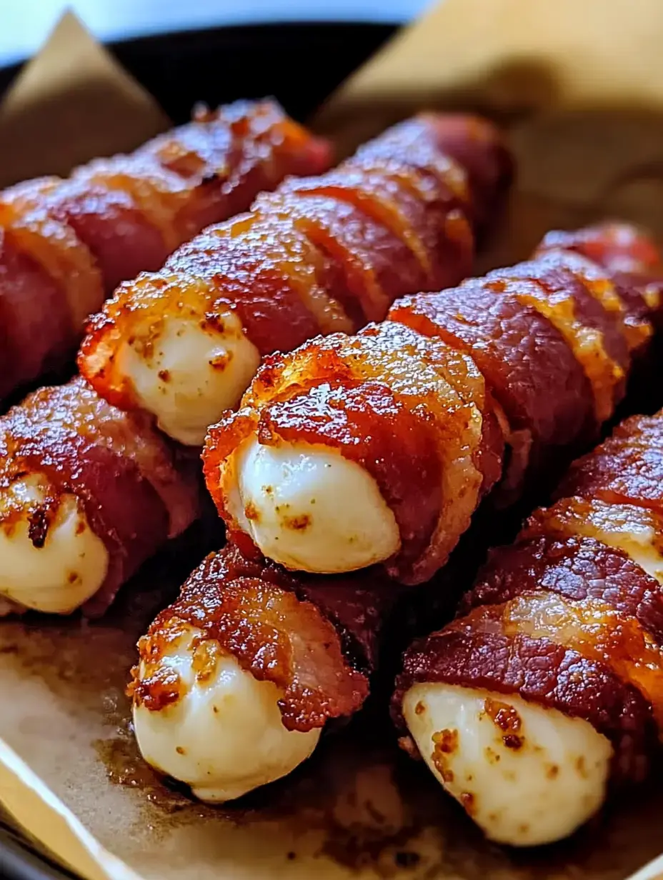 Nahaufnahme von Bacon-Käse-Sticks auf einem Teller angeordnet.