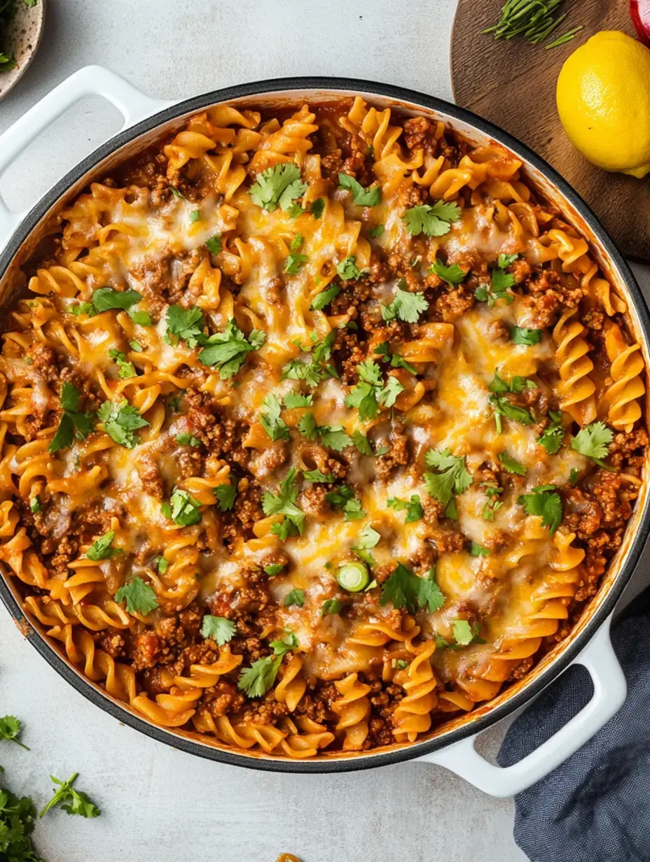 Nahaufnahme einer Pfanne mit käsiger, herzhafter Pasta und frischem Koriander oben drauf.