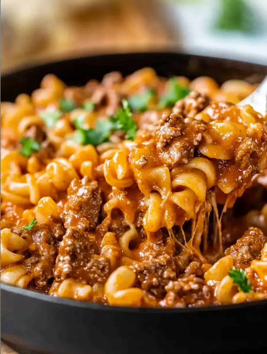 Nahaufnahme einer Schüssel Pasta mit Hackfleisch in würziger, käsiger Soße und frischen Kräutern garniert.
