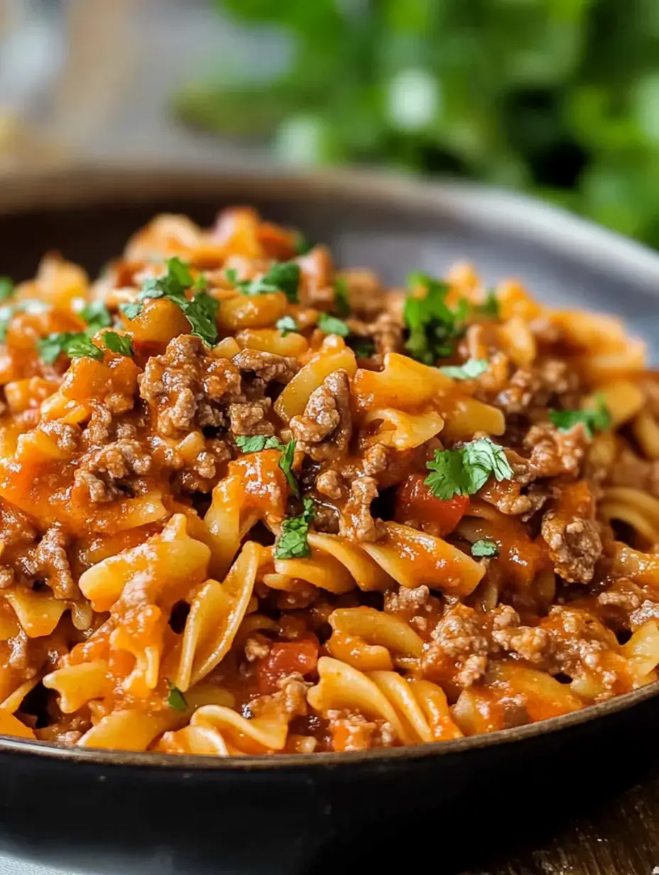 Nahaufnahme einer Schüssel Pasta mit Hackfleisch und Tomatensoße, getoppt mit frischem Koriander.