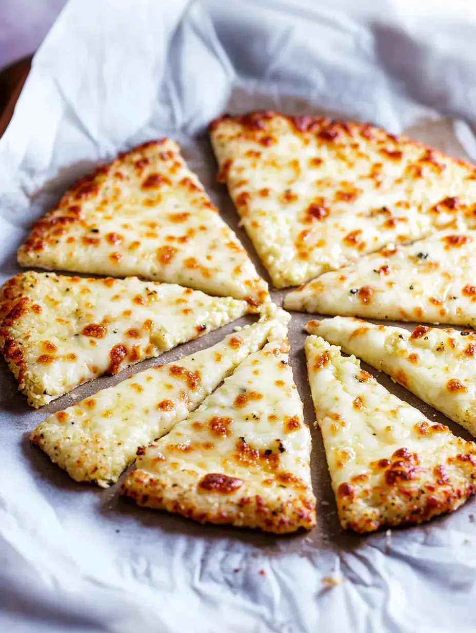 Eine frisch gebackene Käsepizza, in acht Stücke geschnitten, liegt auf Backpapier.