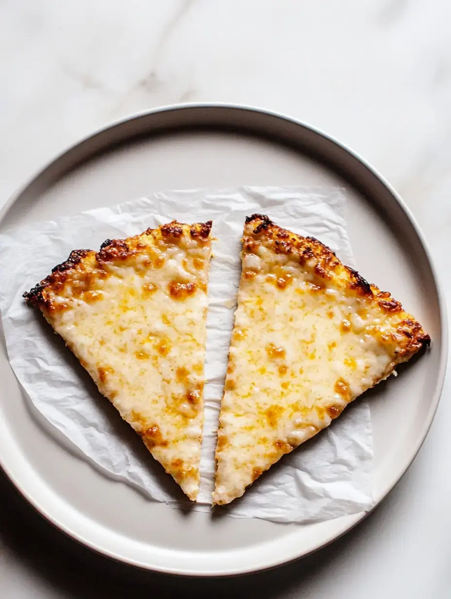 Zwei Stücke goldbraune Pizza auf einem Teller mit Backpapier darunter.