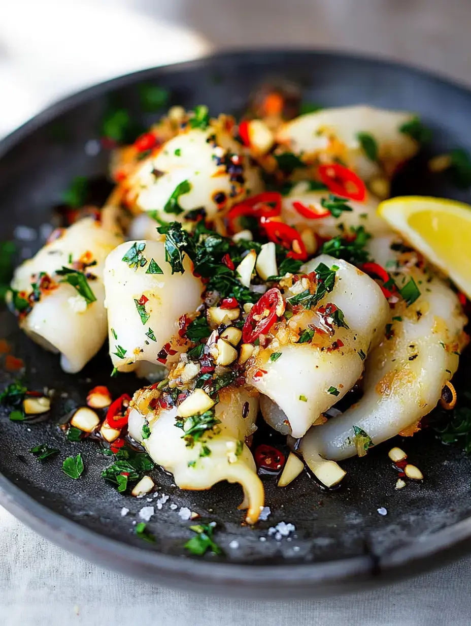 Nahaufnahme von gegartem Tintenfisch auf schwarzem Teller, bestreut mit frischen Kräutern, Chili, Knoblauch und einem Zitronenstück.