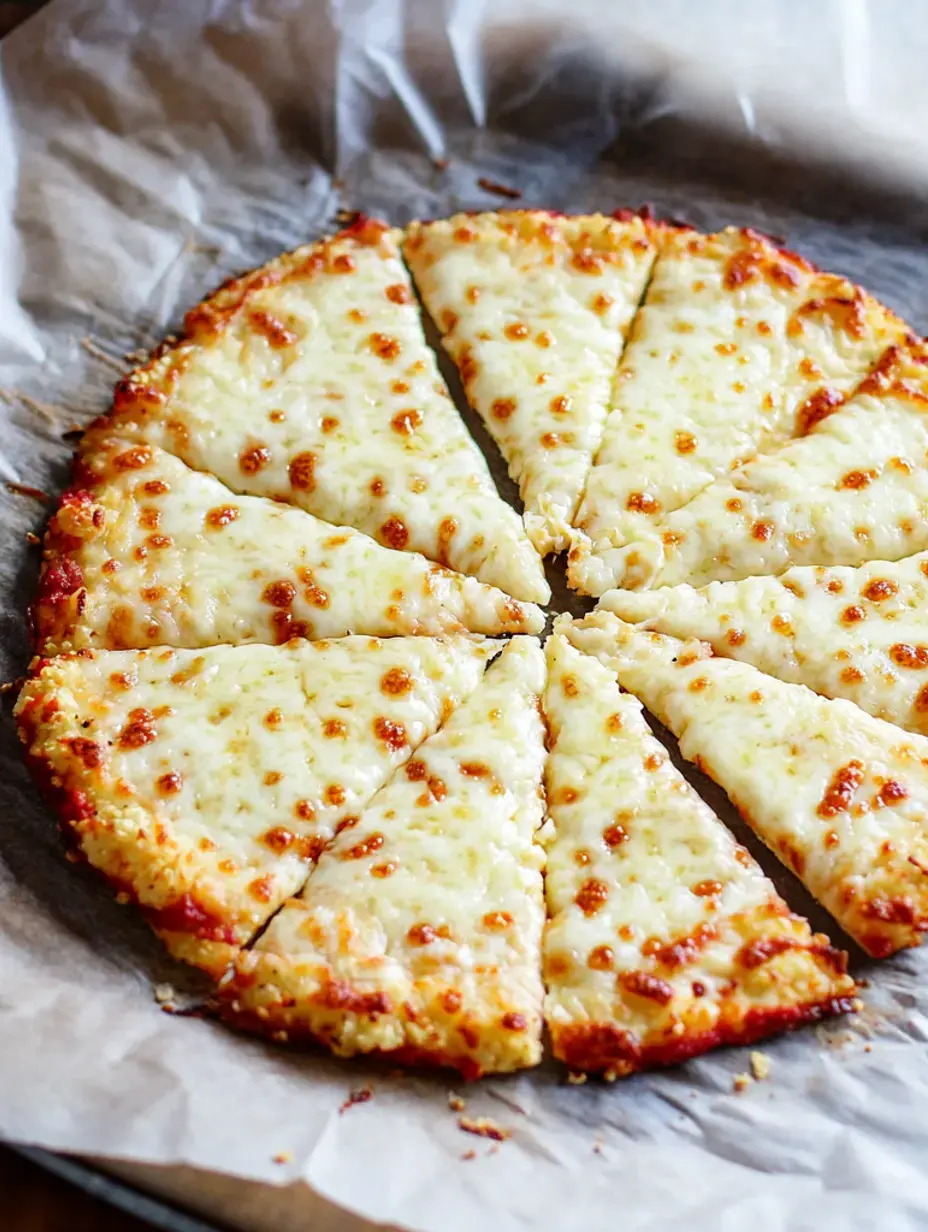 Eine frisch gebackene Käsepizza in acht Stücke geschnitten auf Backpapier.