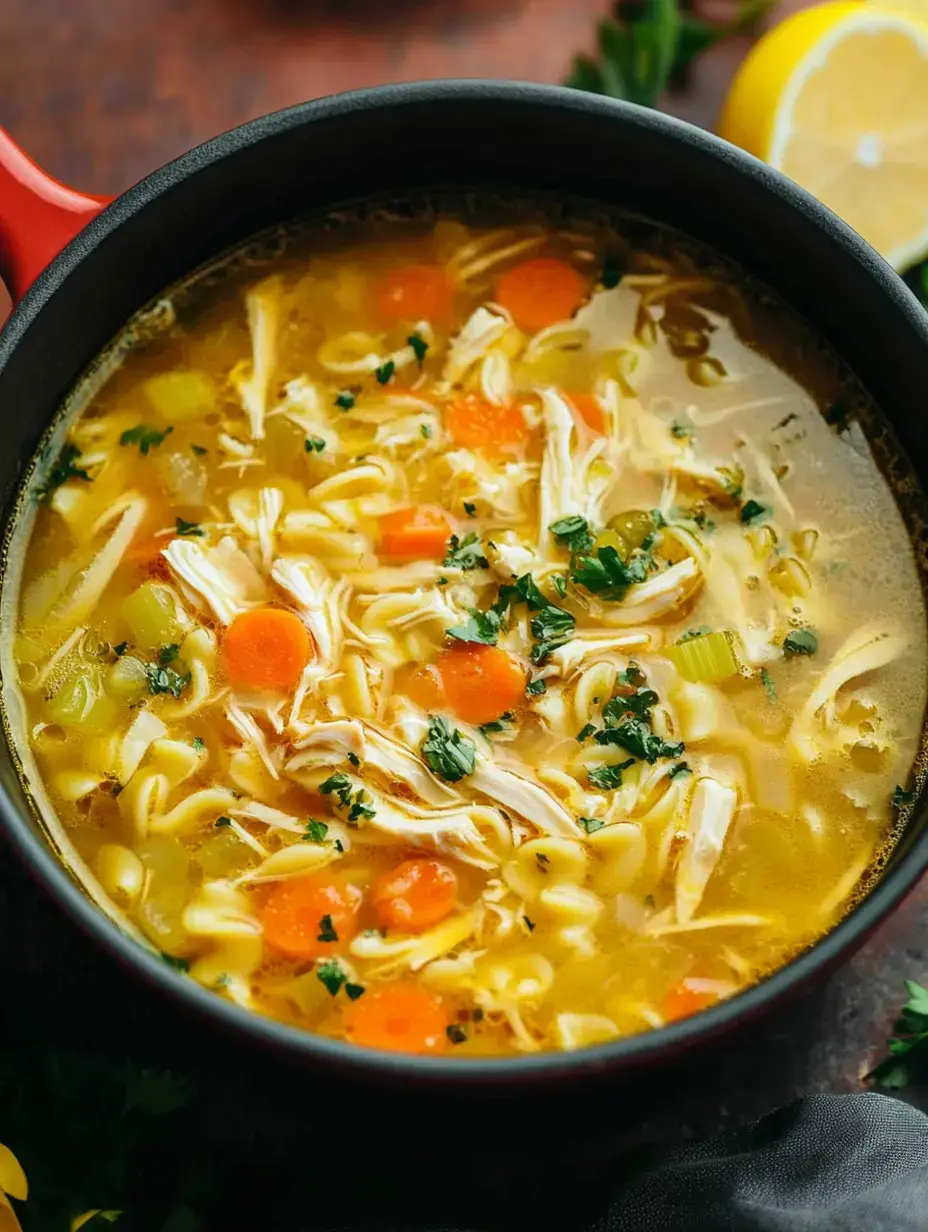 Nahaufnahme von einem Topf Hühnersuppe mit zarten Hühnchenstücken, Karotten und Petersilie in einer aromatischen Brühe.