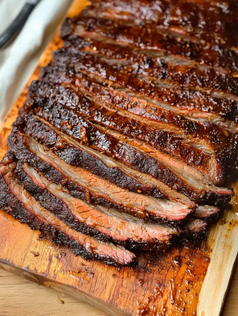 Aufgeschnittenes Brisket mit dunkler Kruste auf einem Holzbrett.