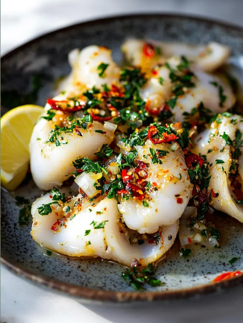 Marinierter Tintenfisch auf dem Teller, getoppt mit Kräutern, Chili und einem Zitronenviertel.