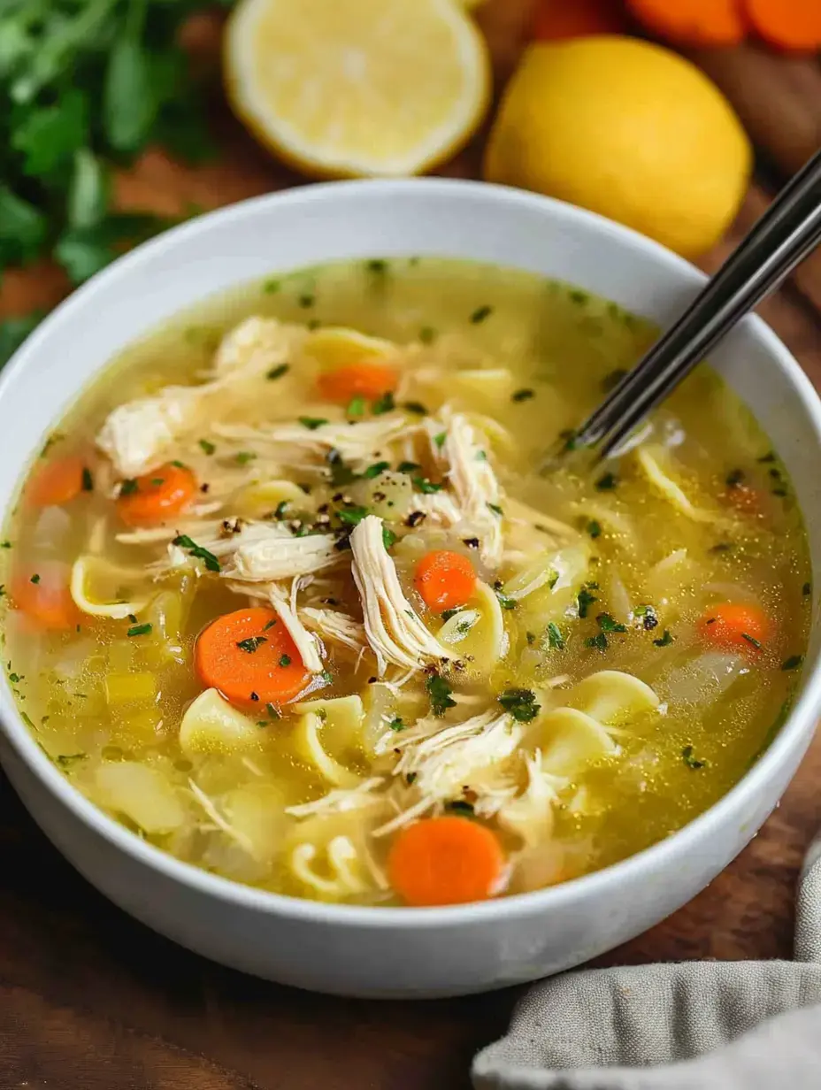 Eine Portion Hühnersuppe mit zerkleinertem Huhn, Karotten und Nudeln, mit Kräutern garniert und Zitronen im Hintergrund.