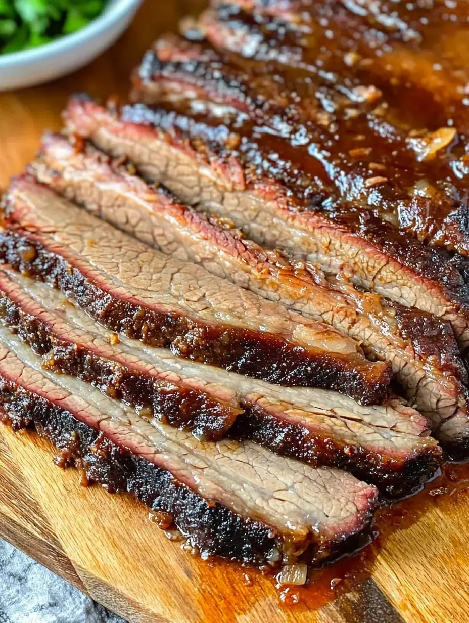 Brisket-Scheiben mit Soße auf einem Holzbrett, im Hintergrund Frühlingszwiebeln.