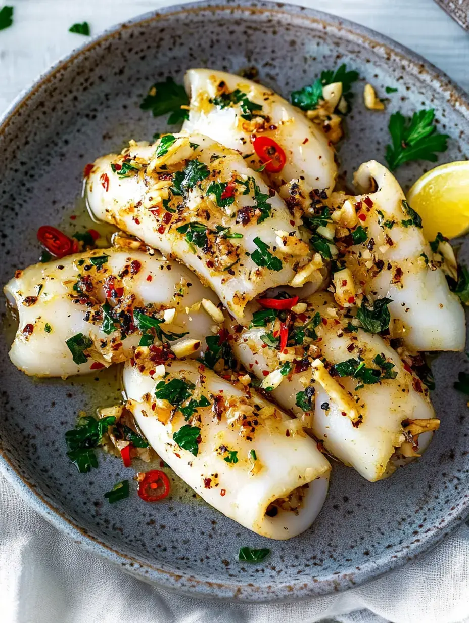 Gefüllter Tintenfisch auf dem Teller mit Kräutern, Knoblauch, Chili und Zitronenschnitz.