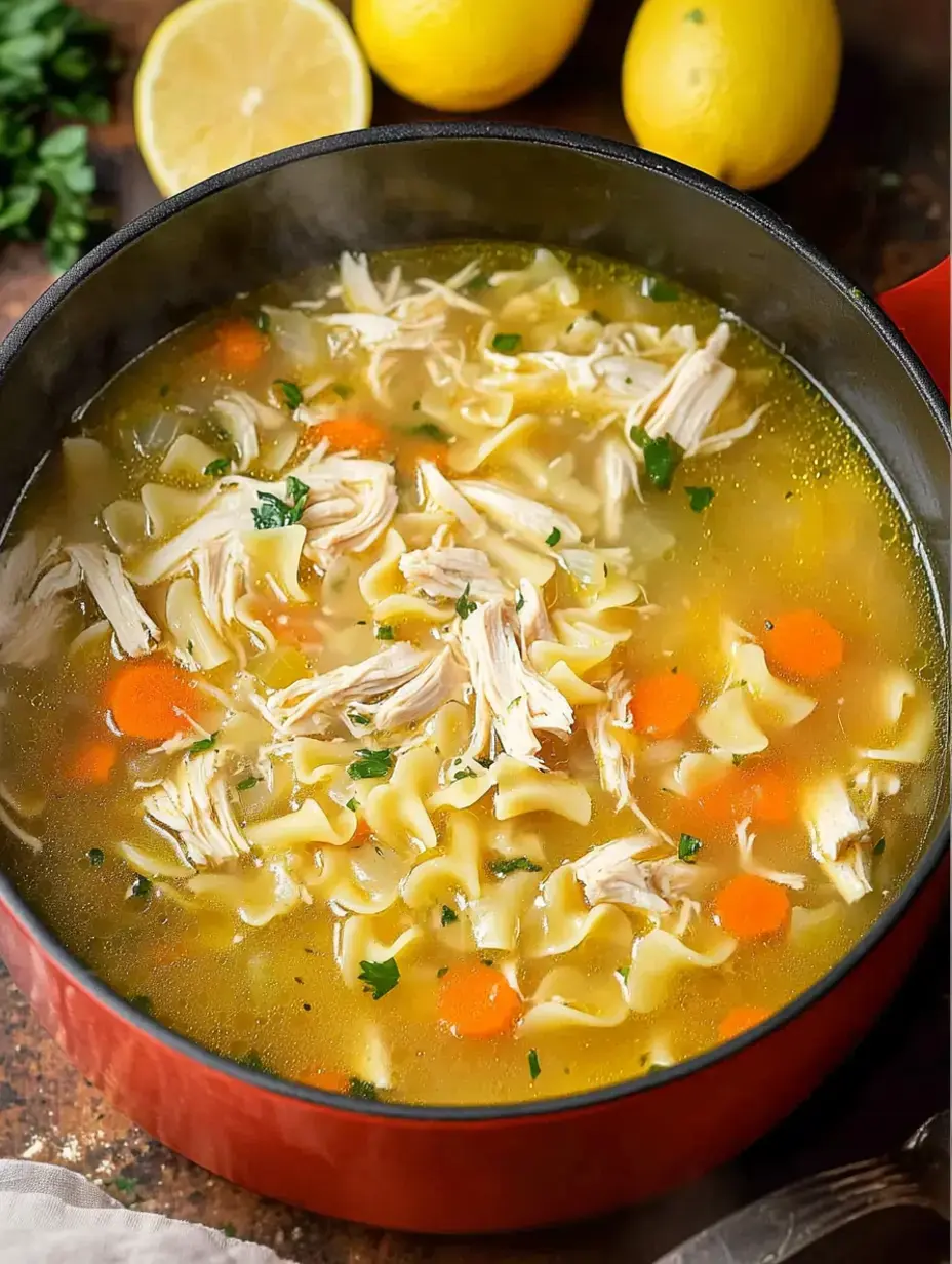 Eine dampfende Schale Hühnersuppe mit zerkleinertem Huhn, Karotten und Petersilie, dazu Zitronenhälften im Hintergrund.