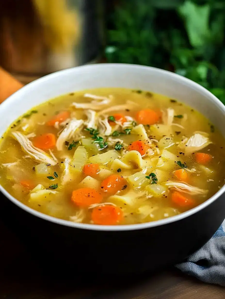 Eine Schale Hühnersuppe mit Nudeln, zerkleinertem Huhn, Karotten und Sellerie, getoppt mit Kräutern.