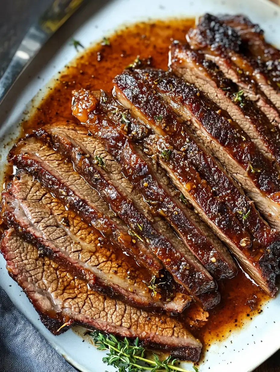 Brisket-Scheiben auf Teller mit dunkler Soße und Thymian.