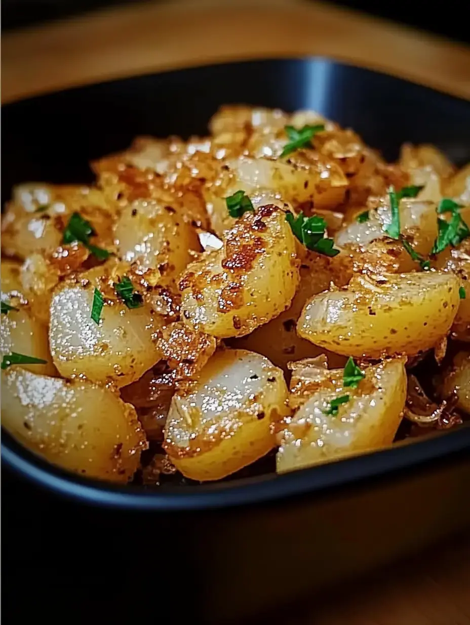 Eine Schale mit gebratenen Kartoffeln und frischen Kräutern obendrauf – alles schön goldbraun.