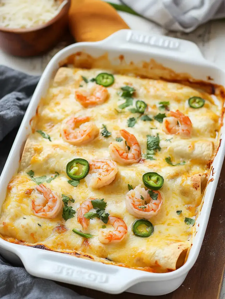 Eine weiße Auflaufform voll mit überbackenen Garnelen-Enchiladas, getoppt mit Jalapeñoringen und Koriander. Im Hintergrund eine Schale mit geriebenem Käse auf Holztisch.