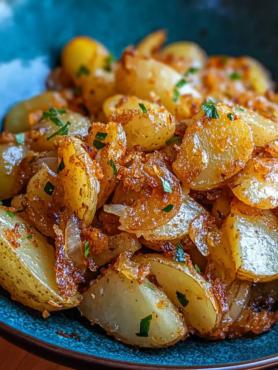 Kartoffeln mit grünen Kräutern in einer blauen Schale – nah fotografiert.