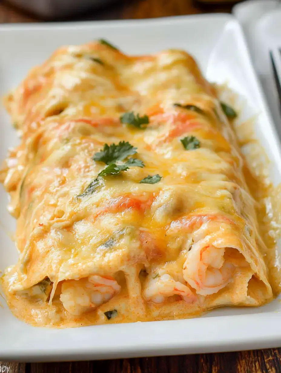 Ein Teller Garnelen-Enchiladas mit geschmolzenem Käse und Koriandergarnitur auf weißem Teller.