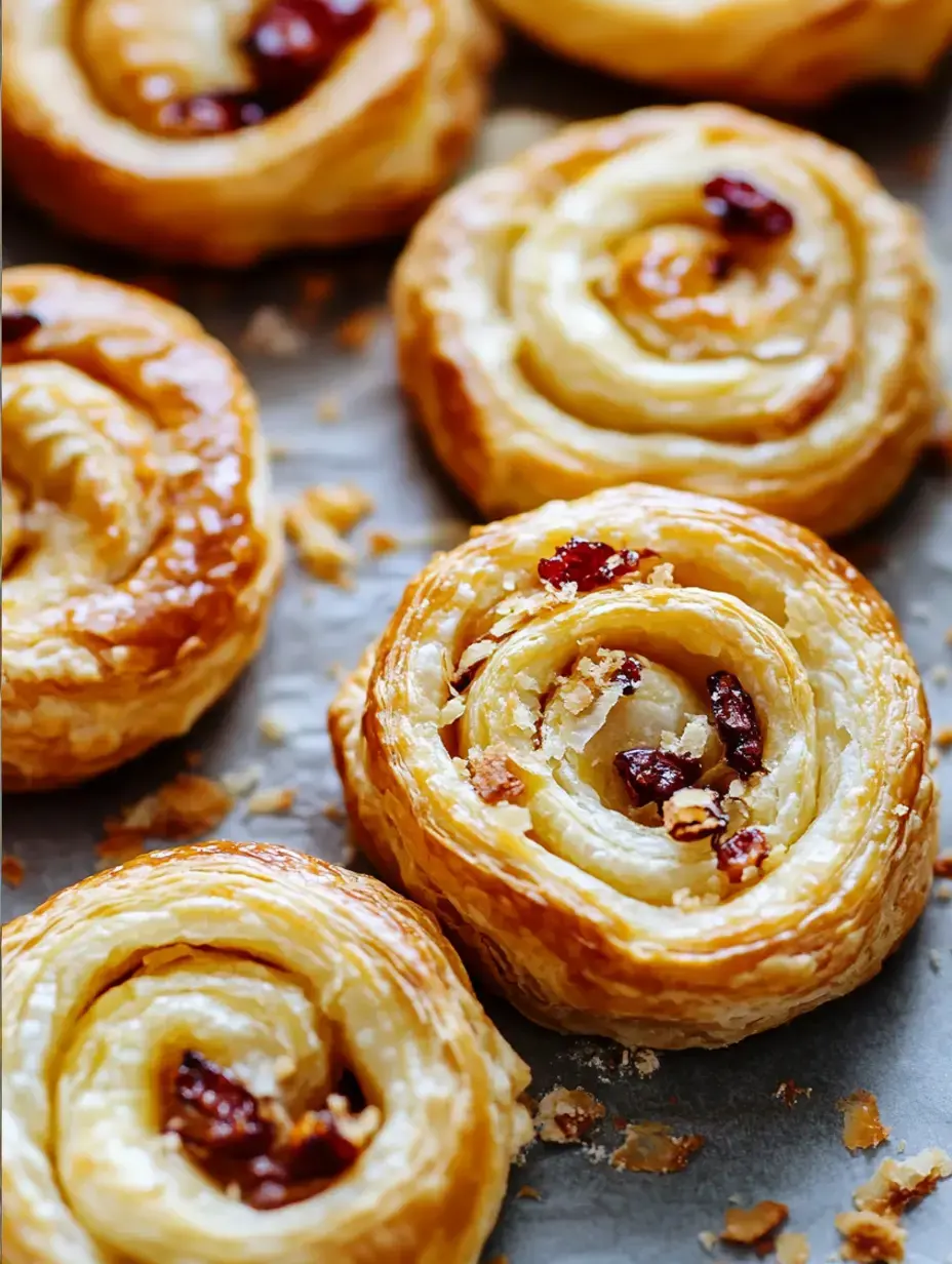 Knusprig gebackene Schnecken mit dunklen Trockenfruchtstücken, aus der Nähe auf dem Backblech.