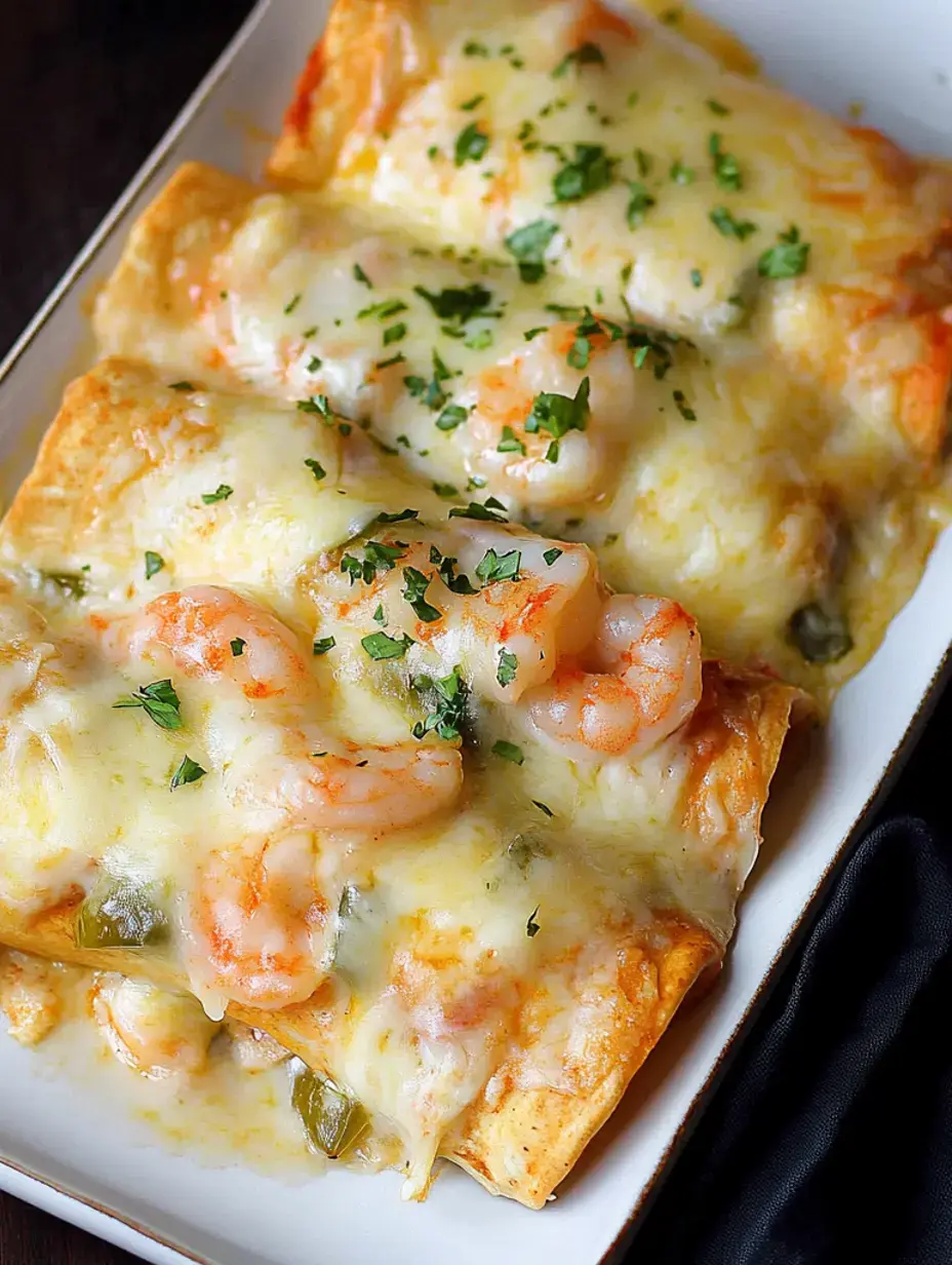 Teller mit Garnelen-Enchiladas, Käse und frischen Kräutern.