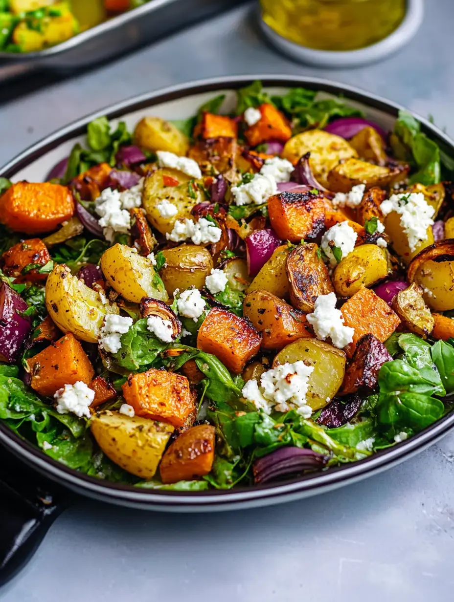 Nahaufnahme einer Salatschüssel mit Salatblättern, getoppt mit ofengerösteten Kartoffeln, Kürbis, roten Zwiebeln und zerbröseltem Feta.