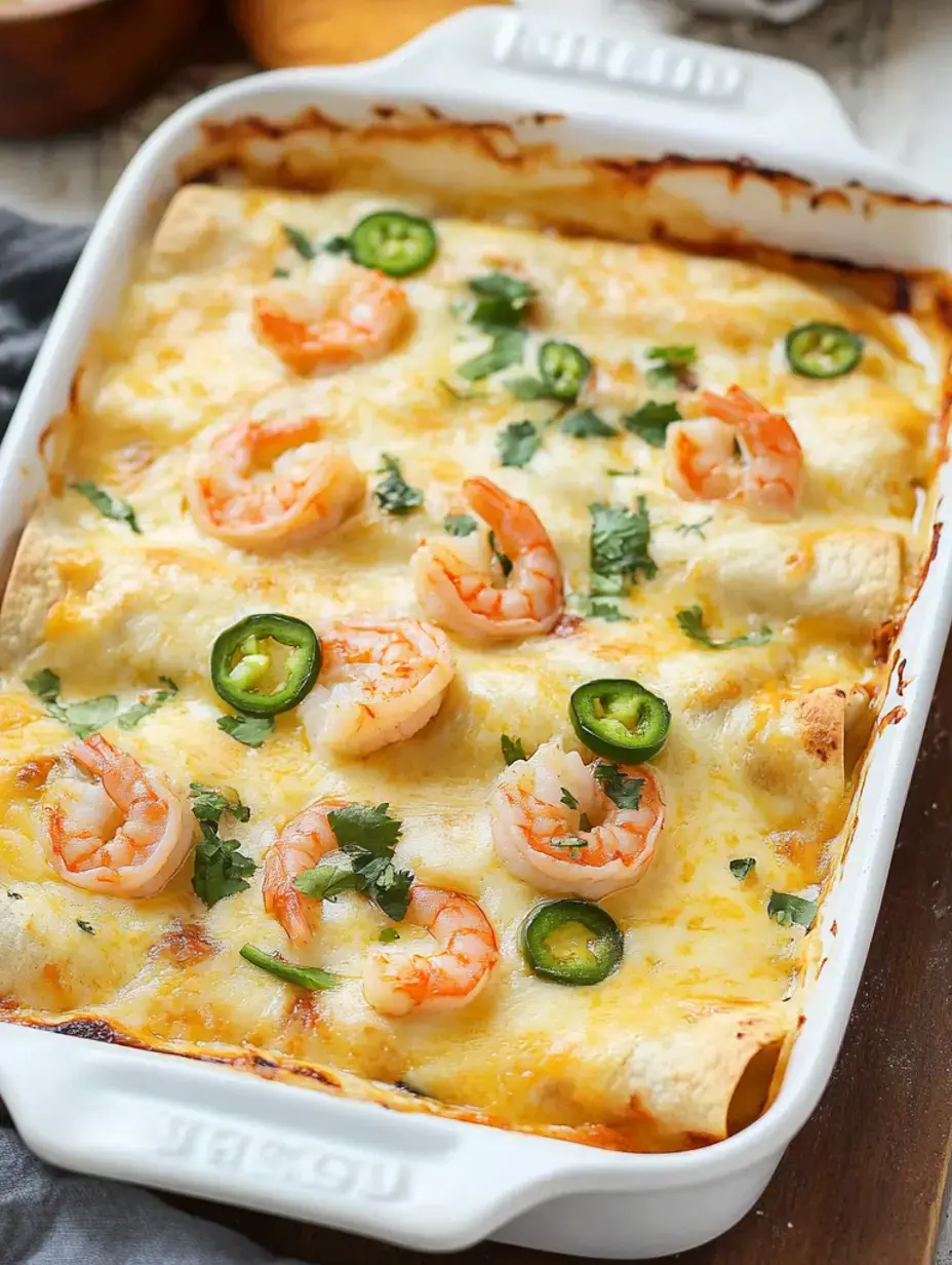 Überbackene Garnelen-Enchiladas frisch aus dem Ofen, bedeckt mit Käse, Jalapeños und frischem Koriander.