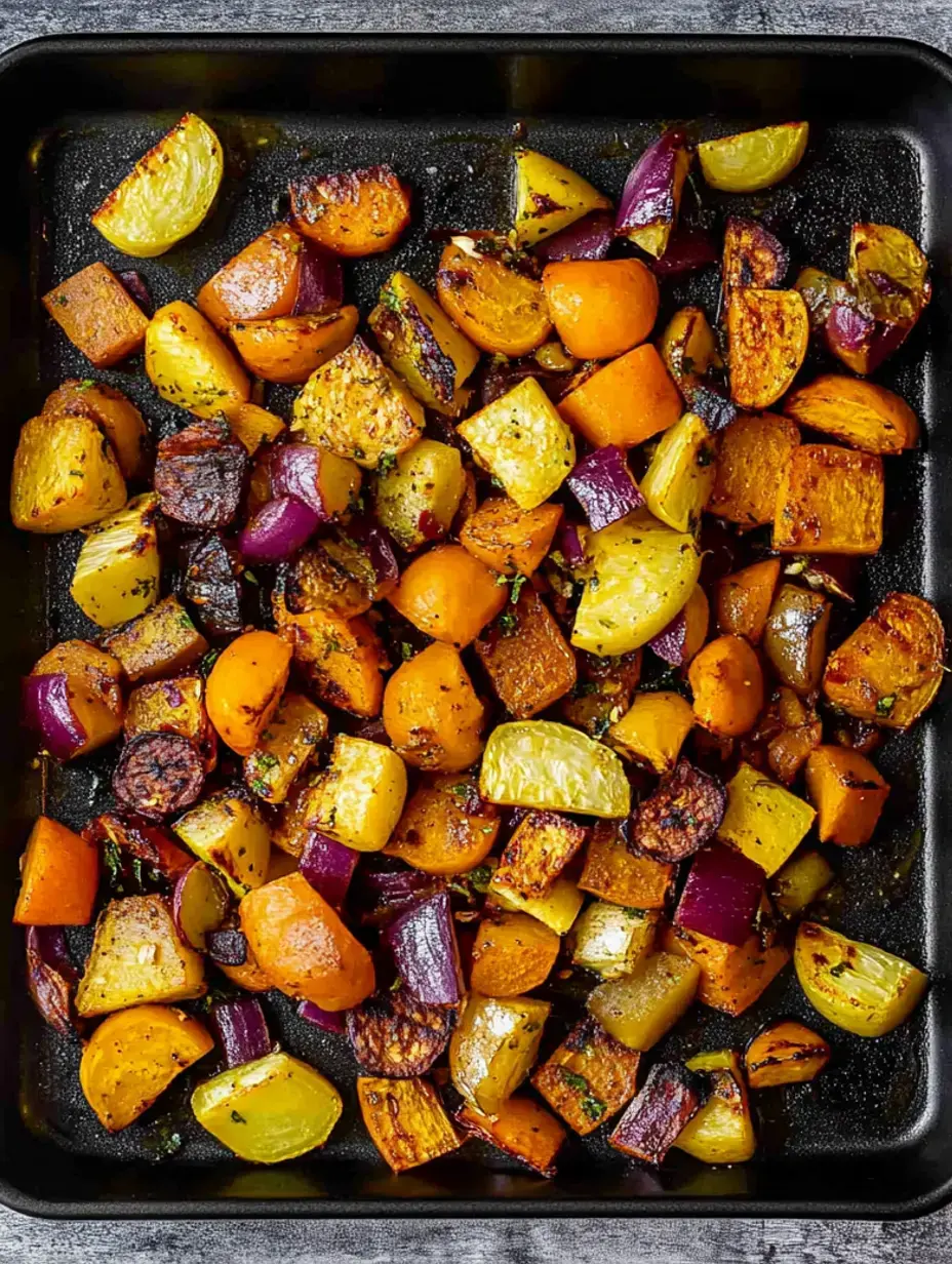 Ein Backblech mit buntem Ofengemüse – würzige Würfel in Orange, Gelb und Violett, schön karamellisiert.
