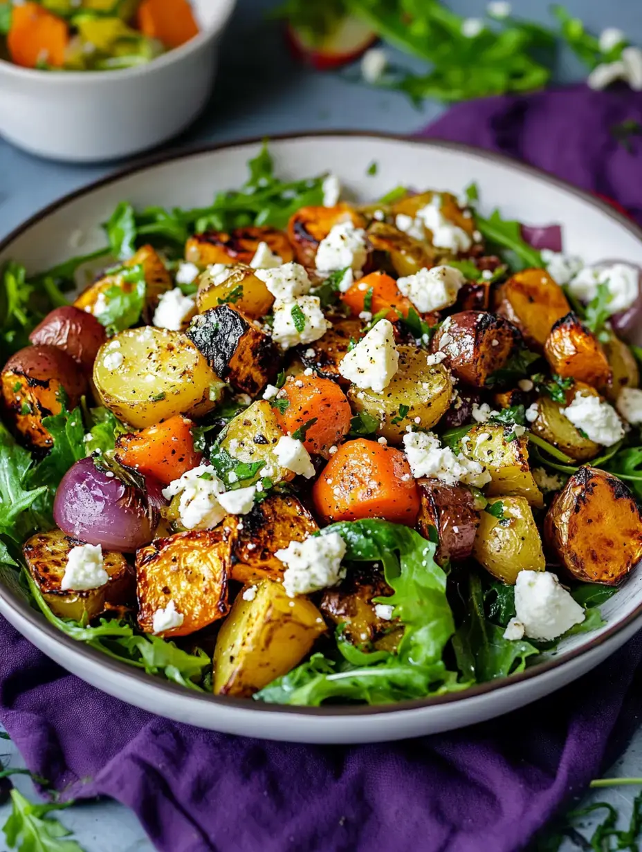 Bunter Salat mit gerösteten Kartoffeln, Möhren und Zwiebeln, mit Fetakrümeln auf Rauke und einer Schale Pickles im Hintergrund.