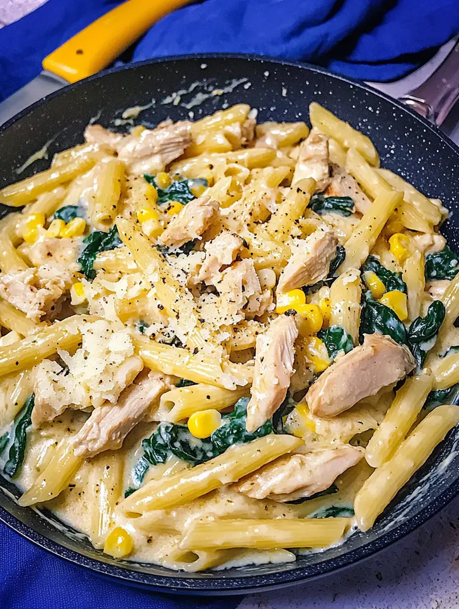 Eine Pfanne voller cremiger Pasta, vermischt mit Hähnchen, Spinat und Mais, obendrauf geriebener Käse und Pfeffer.