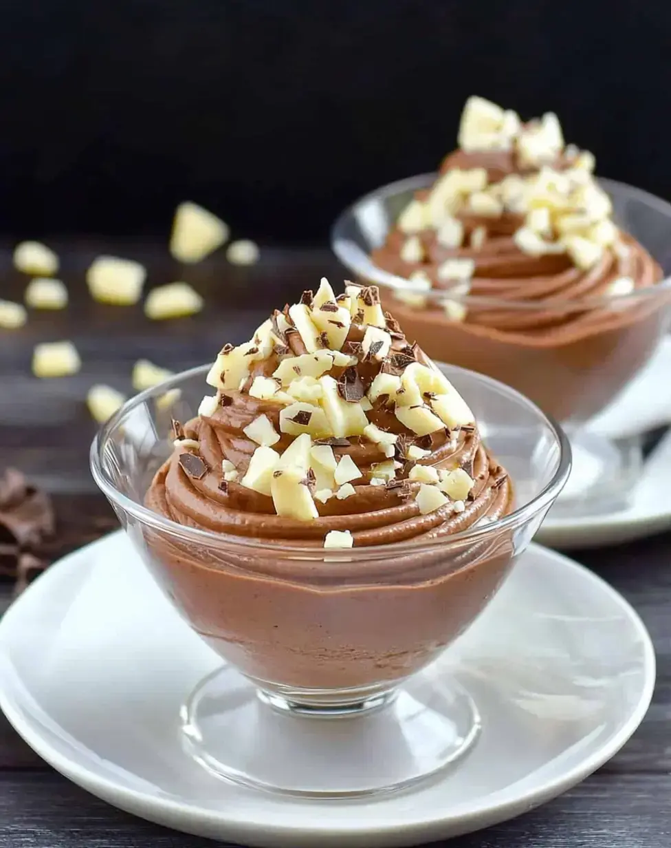 Zwei Dessertgläser voll Schokomousse mit weißen Schokoraspeln und dunklen Schokospiralen auf Holz.