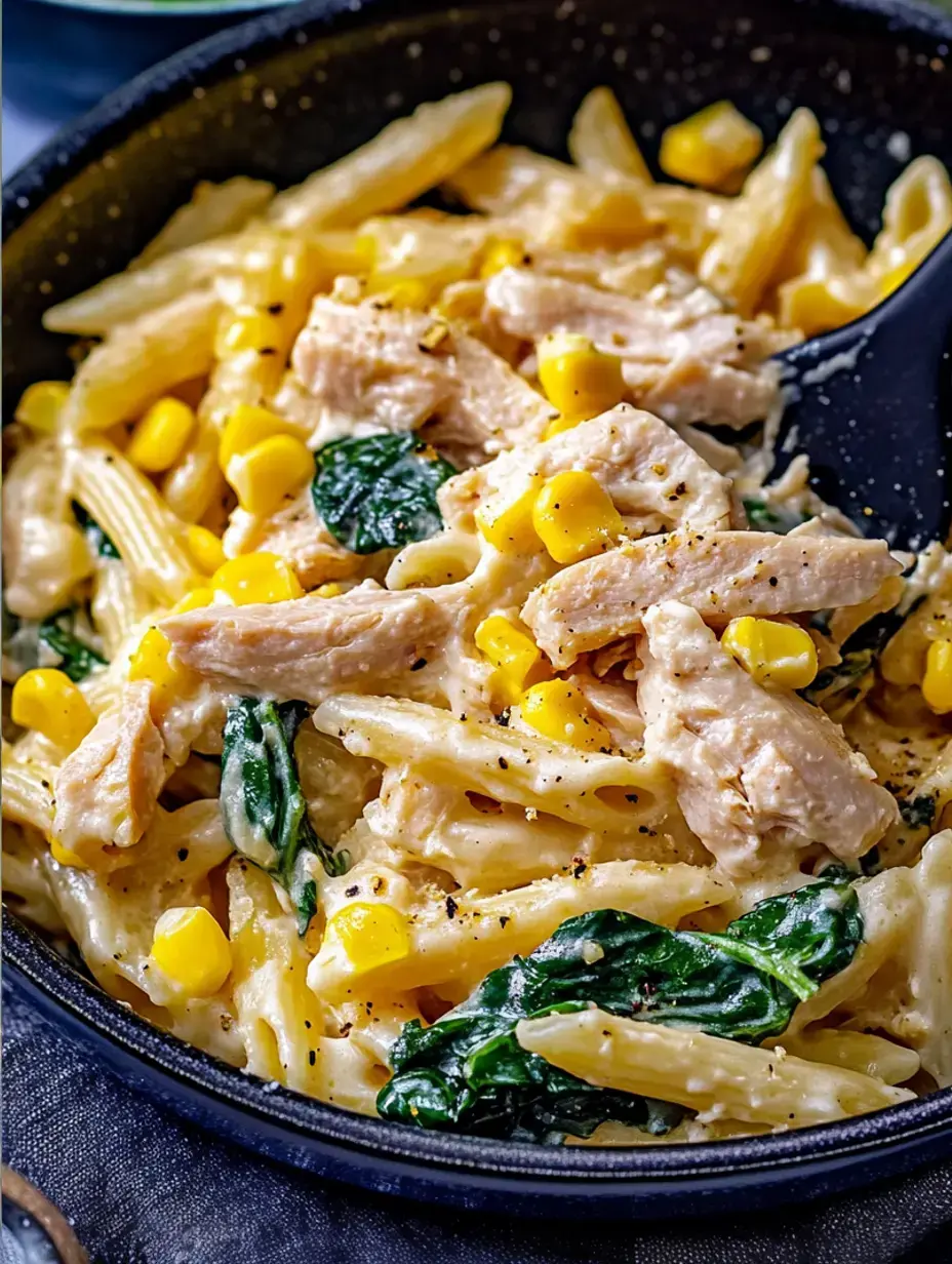 Nahaufnahme einer cremigen Pastapfanne mit Penne, gezupftem Hähnchen, Mais und Spinat, bestreut mit Pfeffer.