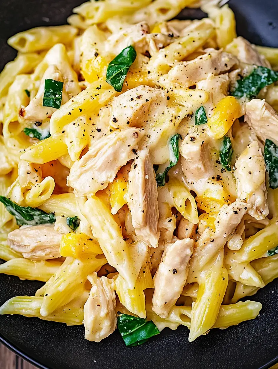 Nahaufnahme von cremiger Penne, Hähnchenstücken und Spinat, bestreut mit Pfeffer auf einem dunklen Teller.