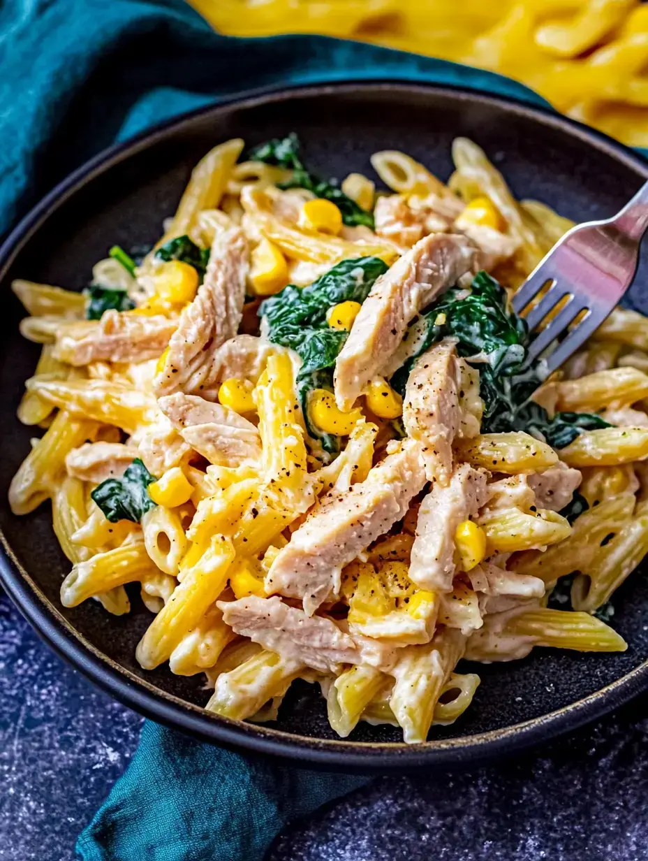 Nahaufnahme einer Schüssel voller cremiger Pasta mit gezupftem Hähnchen, Spinat und Mais, bestreut mit schwarzem Pfeffer.