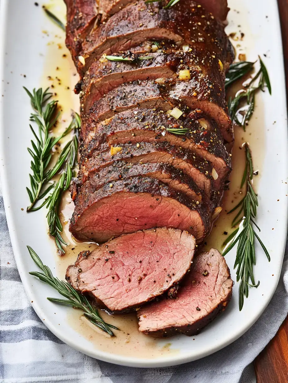 Saftiges Rinderfilet in Scheiben, mit Rosmarin bestreut und Bratensaft übergossen.