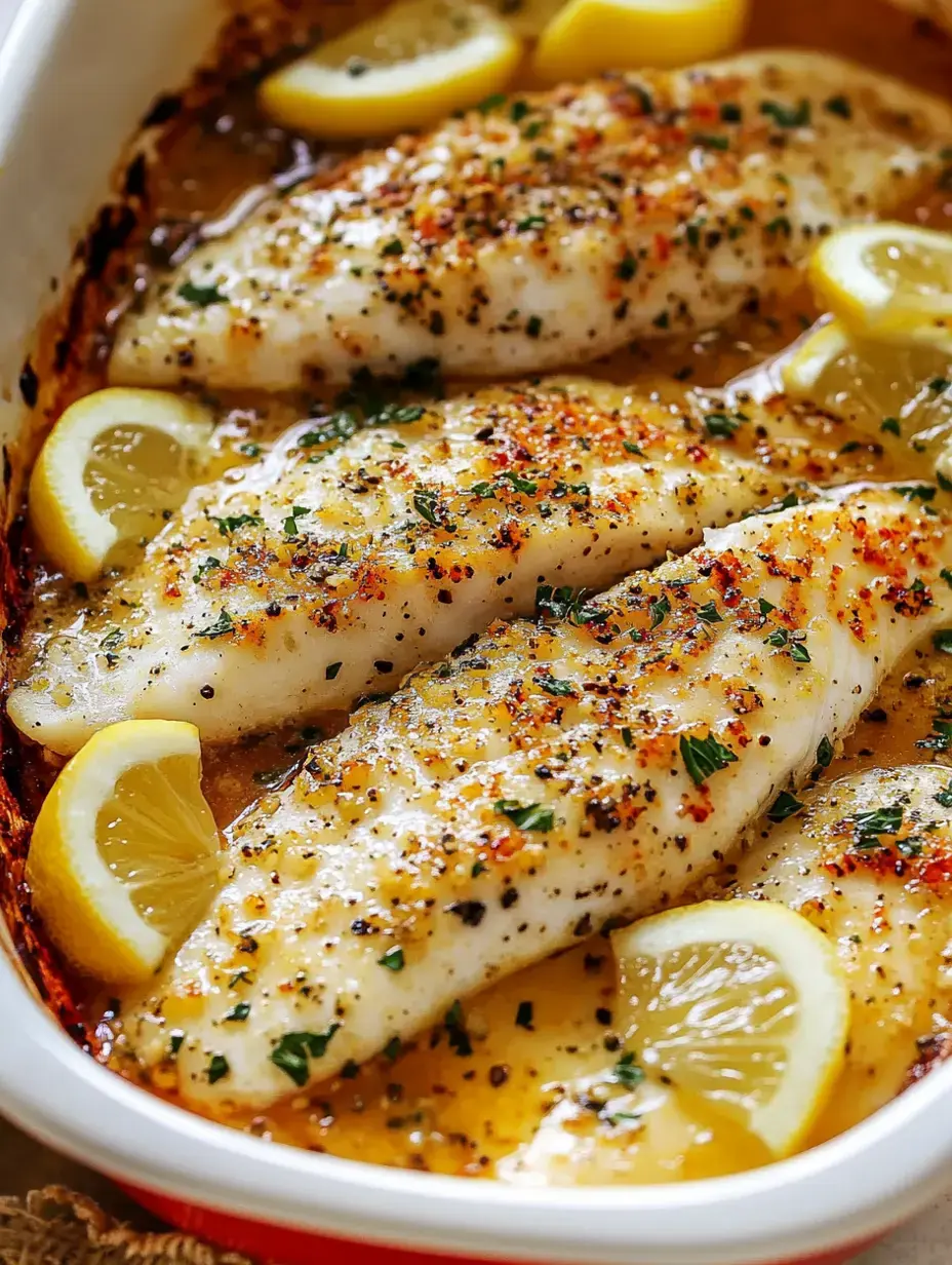 Im weißen Auflauf liegen gebackene Fischfilets, dekoriert mit Zitronenscheiben und Kräutern.