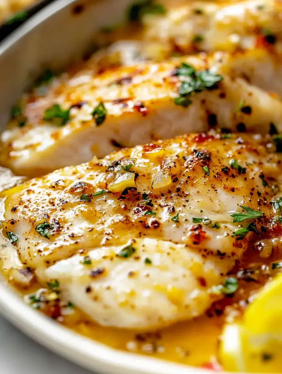 Nahaufnahme von zarten Fischfilets mit Kräutern, übergossen mit goldgelber Soße.