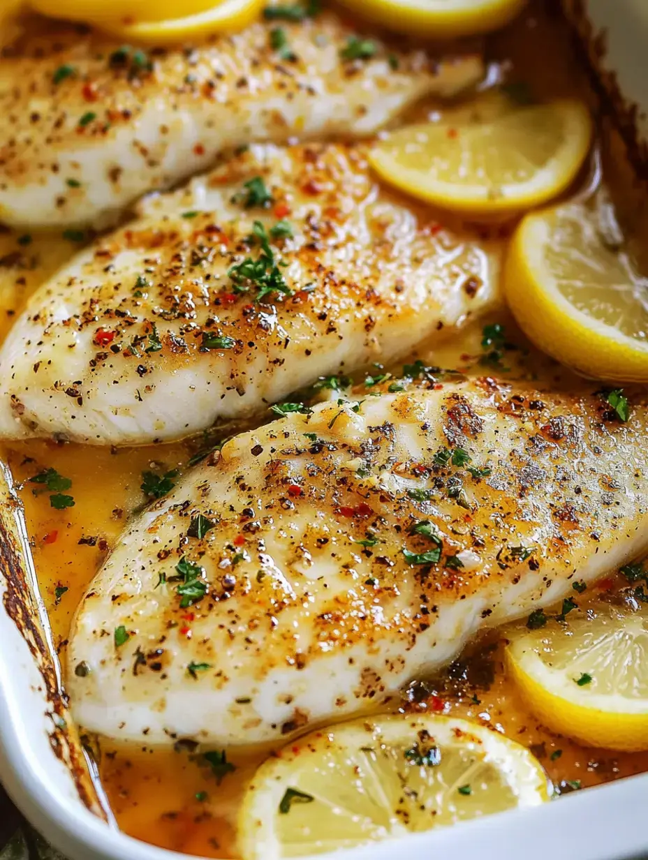 Fischfilets frisch aus dem Ofen mit Kräutern und Zitronenscheiben in einer aromatischen Soße.