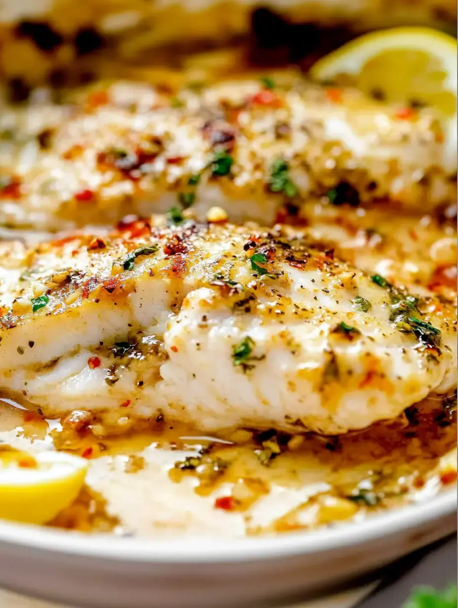 Nah dran: Zwei gebackene Fischstücke mit Kräutern, Gewürzen und Zitronenscheiben.