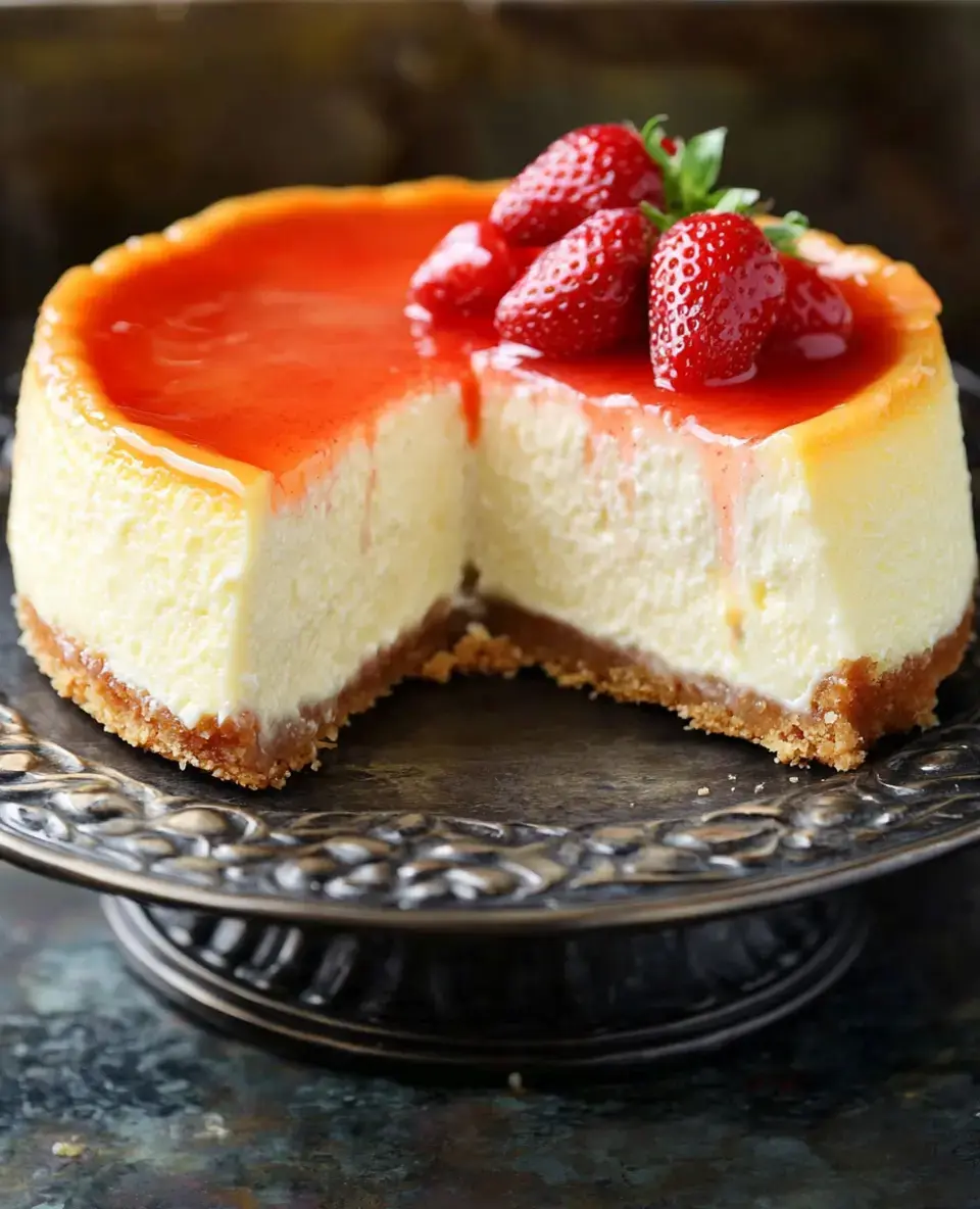 Ein angeschnittener Käsekuchen mit Erdbeerglasur und frischen Erdbeeren auf einer schönen Servierplatte.